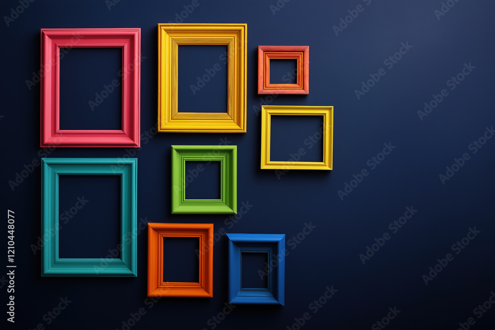 Poster colorful empty frames arranged creatively on a dark background in a modern style