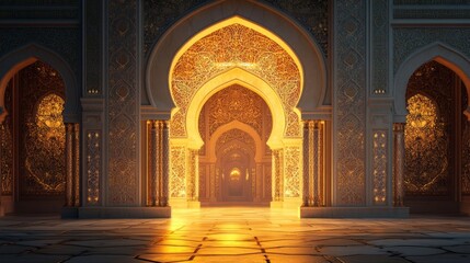 elegant mosque arch with glowing lights and intricate details, high detail, warm and inviting, spiritual and festive, luxurious and rich design