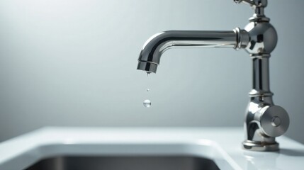 A single drop of water falls from a gleaming metallic faucet, reflecting light