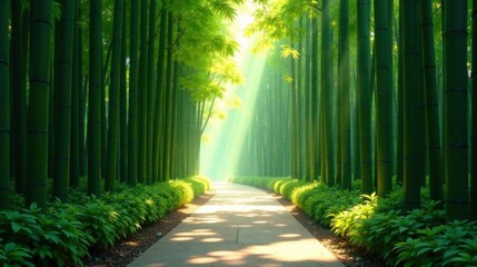 Fototapeta premium Serene Path Through a Lush Bamboo Forest Bathed in Sunlight, Creating a Tranquil and Peaceful Atmosphere