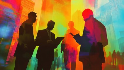 Silhouettes of business people in the city with abstract colors, in the style of digital art, business illustration, group photo shoot for corporate writing materials Generative AI