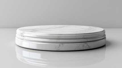 A sleek, round marble display pedestal on a reflective surface.