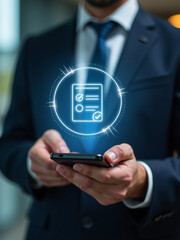 Businessman Holds Smartphone Displaying Digital Certification And Checklist Icons, Representing Online Approval And Document Management. 00003