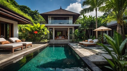 Luxurious villa with private pool and lush tropical garden in a serene location during bright daylight