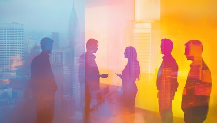 A group of business people in an office setting, standing and talking to each other with a blurry cityscape background Generative AI