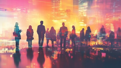 A group of business people standing in an office, with colorful silhouettes and a blurred cityscape background, in the style of double exposure, with a dreamlike atmosphere Generative AI