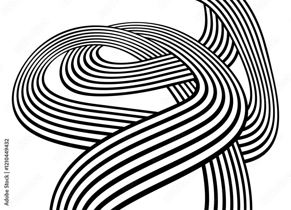 Poster interlaced ribbons of black parallel lines on a white background. universal swirl pattern. vector ba