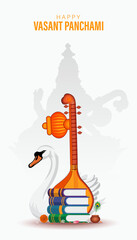 Fototapeta premium Vasant Panchami with Saraswati Silhouette, Veena, Swan, and Books. Vasant Panchami Story,