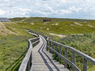 Wooden walkway through dunes, island Sylt, Germany