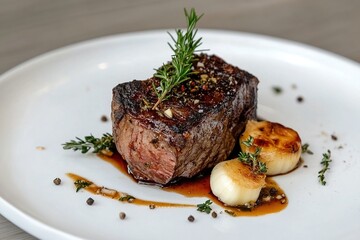 Deliciously grilled steak served with seared potatoes and garnished herbs on a white plate