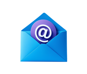 Digital mail notification concept, blue envelope with purple at sign graphic in center