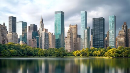 Photorealistic cityscape of a modern urban skyline featuring tall skyscrapers, sleek glass facades, and high-rise office buildings