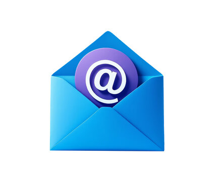 Digital mail notification concept, blue envelope with purple at sign graphic in center