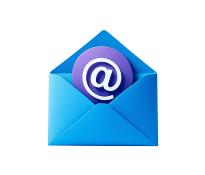 Digital mail notification concept, blue envelope with purple at sign graphic in center