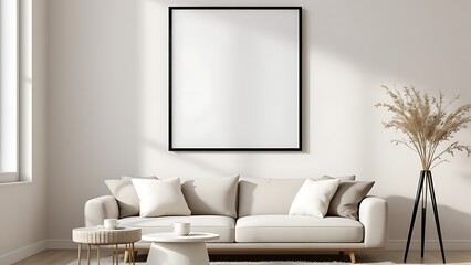 Frame mockup, paper size. Living room wall poster mockup. Interior mockup with house background. Modern interior design.