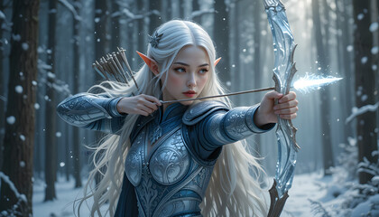 Fairytale elf archer aiming ice arrow in snowy forest.