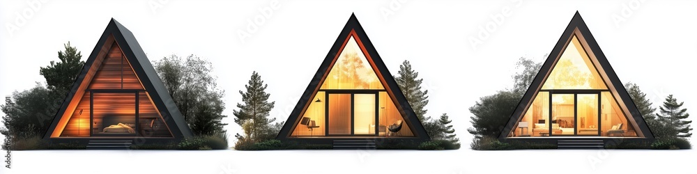 Aufkleber three modern triangular a-frame house style with large glass windows, surrounded by trees. the first