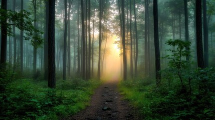 Obraz premium Sunlit path through a misty forest at dawn.