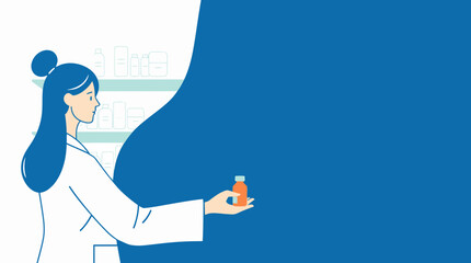 Confident Female Pharmacist in Professional Attire Presenting Medication with Modern Teal Medical Background
