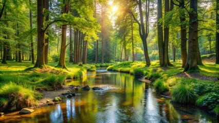 Obraz premium A tranquil forest glade with a babbling brook running through it, surrounded by towering trees and lush vegetation, stream, forest