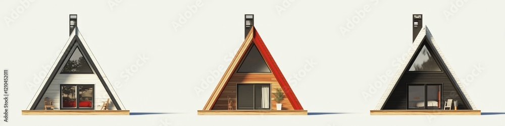 Poster three modern a-frame houses with different color schemes and designs. the first house is white with 