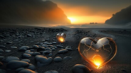 Obraz premium Glowing heart-shaped stones on a beach at sunset