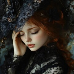 Fototapeta premium Redhead Woman in Vintage Lace Hat: A Dreamy Portrait