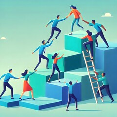 A vibrant illustration of individuals helping each other climb steps and ladders, symbolizing teamwork, collaboration, and collective success in achieving goals