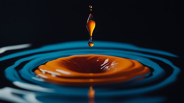 Orange drop splashing in blue liquid, dark background, abstract art,  website design