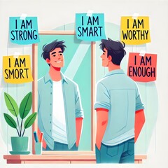 An uplifting illustration of a young man looking into a mirror surrounded by positive affirmation notes, symbolizing self-love, confidence, and mental well-being