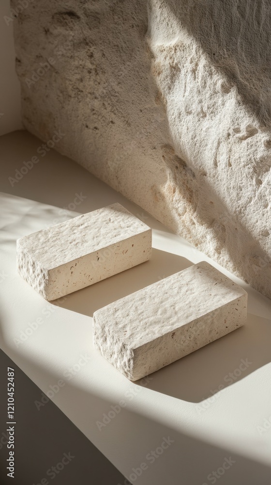 Poster two textured stone blocks resting on a minimalist surface