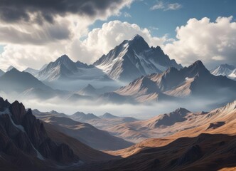 A vast, stratified cloud layer covers the mountainscape of a towering mountain range, clouds, vast