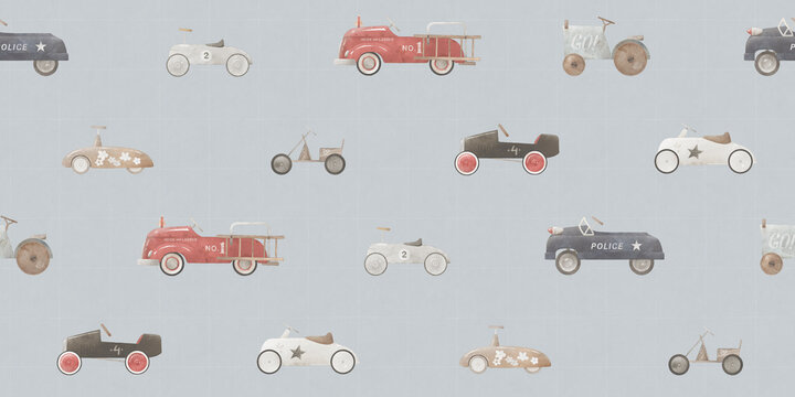 Fototapeta Children's wallpaper with toy cars. Watercolor illustration. Light blue background for children's room. Vintage style. Cute wallpaper.