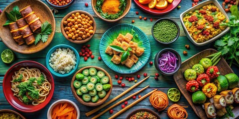 Fototapeta premium A vibrant and colorful array of international plant-based dishes including vegan sushi, pad thai, and chana masala, diverse ingredients, vegan sushi, chana masala