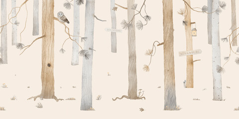 Cute watercolor illustration. Abstract forest. Wildlife. Forest view. Vintage style. Beige colors. Wallpaper design.