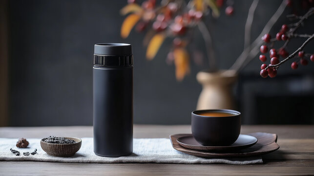 black tea thermos  and cup of coffee next to it  isolated on gradient 3 d black background
