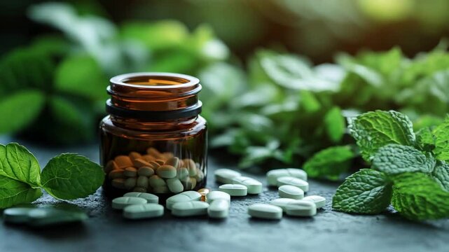 A jar of pills surrounded by fresh mint leaves, symbolizing health and wellness.