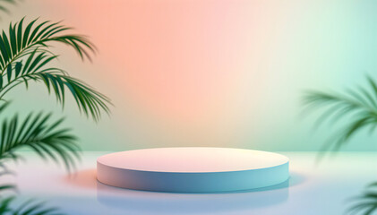 a product display podium with a tropical setting. Palm leaves frame a minimalist podium, with a gradient background