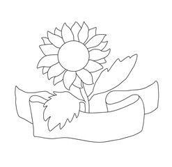 Outline of sunflower with leaves and ribbon. Vector illustration on a white background