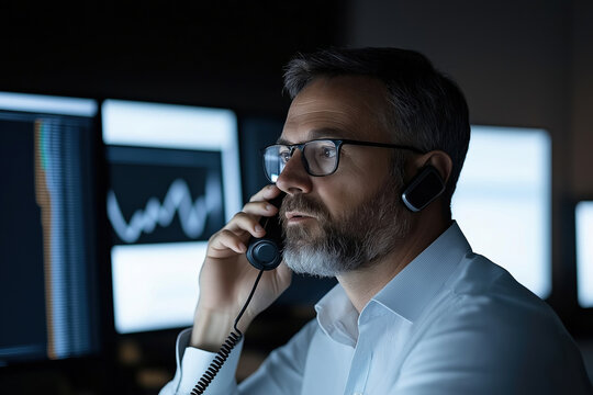 Business professional engaged in a phone call while analyzing data in an office