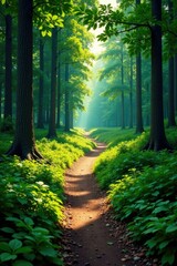 Obraz premium A winding forest path with a clear, well-defined trail in the distance, wilderness, path