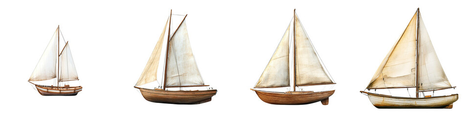 Obraz premium Collection of vintage wooden sailboat drifting peacefully isolated on a transparent background