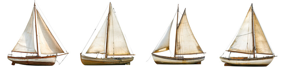 Obraz premium Collection of vintage wooden sailboat drifting peacefully isolated on a transparent background
