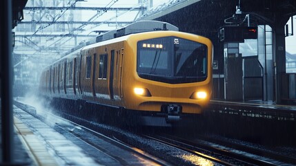 Fototapeta premium Rainy Day Train: A commuter train arrives at a station during a downpour.