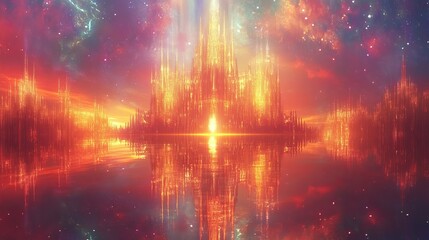 Epic fantasy landscape with glowing castle, rich and magical, detailed and powerful, vibrant and dynamic, peaceful and ethereal, bright and sharp reflections