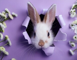 Weißer Hase durch violettes Papier – Romantisches Ostermotiv für das Hasenfest