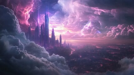 Epic fantasy landscape with glowing clouds and futuristic city skyline, highly detailed, dynamic and vibrant, mystical and captivating, futuristic and magical atmosphere