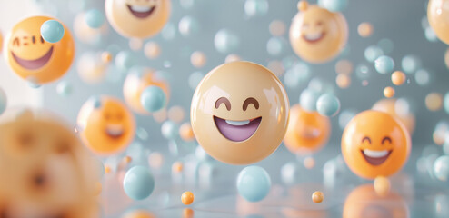 Different emojis shaped like balls bouncing around in a clean light grey 3d space