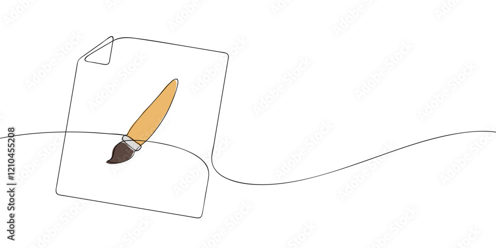 Poster a single line drawing of a graphic file. continuous line graphic file with paintbrush icon in color.