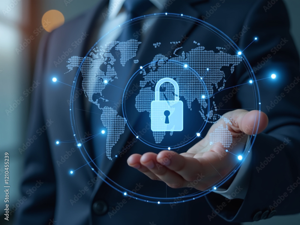 Poster business people use global network security technology to protect personal information through encry